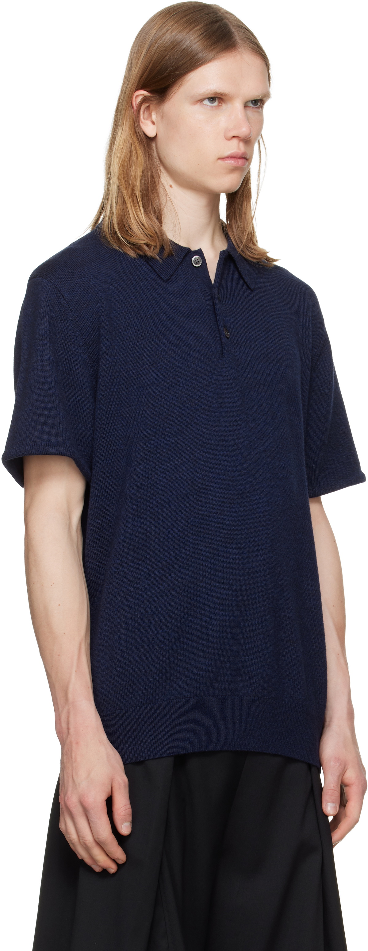 HODAKOVA Navy Knit Wool Short Sleeve Polo