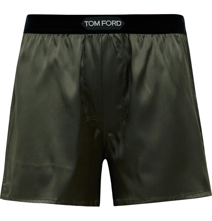 Photo: TOM FORD - Velvet-Trimmed Stretch-Silk Satin Boxer Shorts - Green