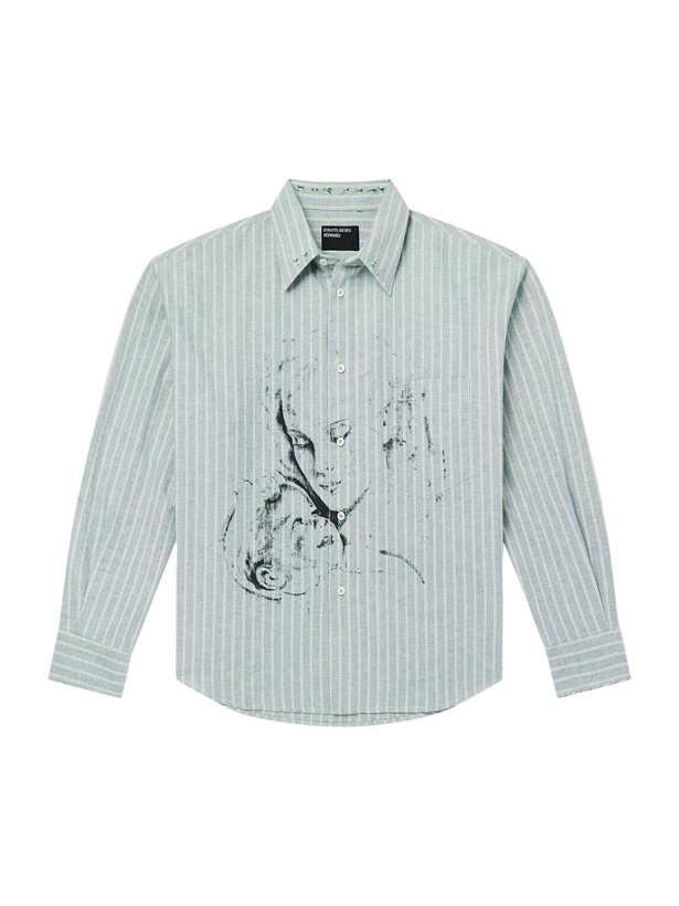 Photo: Enfants Riches Déprimés - Repaired Everyday Striped Printed Cotton Oxford Shirt - Green