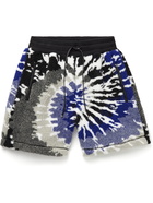 AMIRI - Wide-Leg Leather-Trimmed Tie-Dyed Fleece Drawstring Shorts - Blue