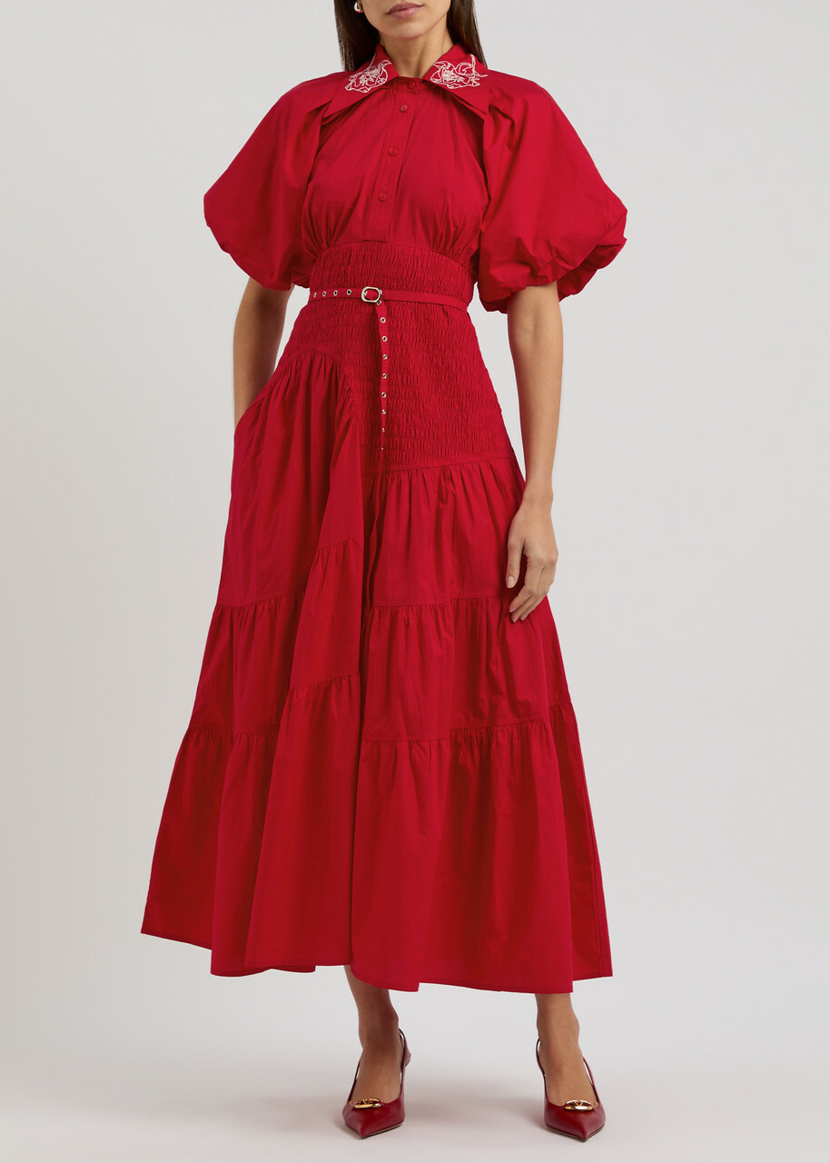 Lovebirds Tiered Belted Cotton Midi Shirt Dress Red