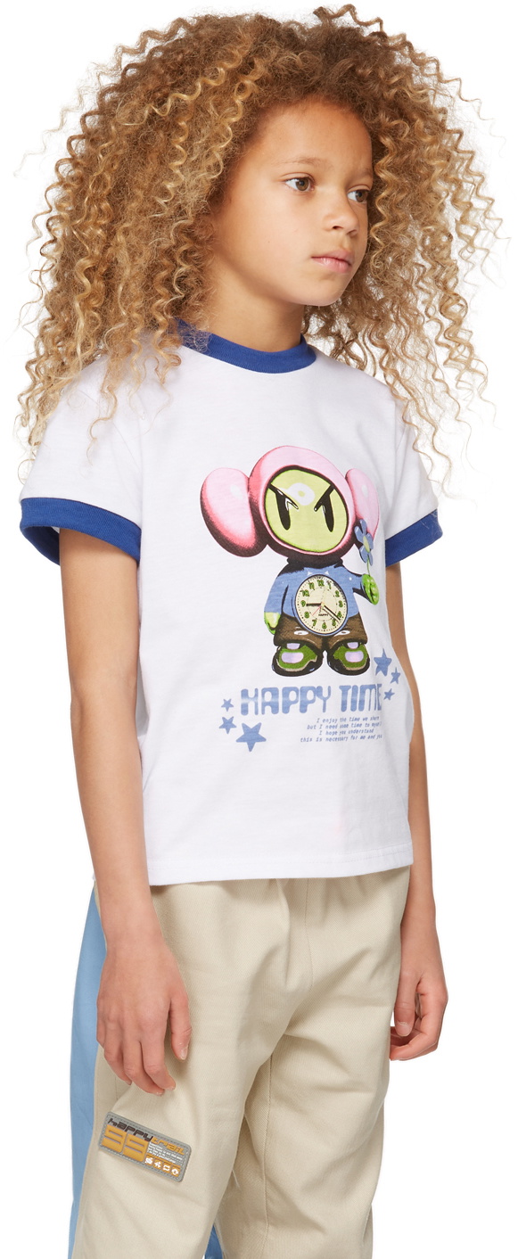 Happy99 SSENSE Exclusive Kids White & Blue 'Happy Time' Ringer T-Shirt