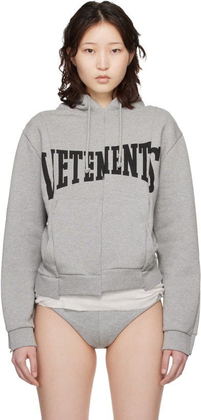 Photo: VETEMENTS Gray Cut Up Logo Fitted Hoodie