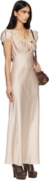 Chloé Pink Puff-Sleeve Column Washed Silk Satin & Lace Maxi Dress