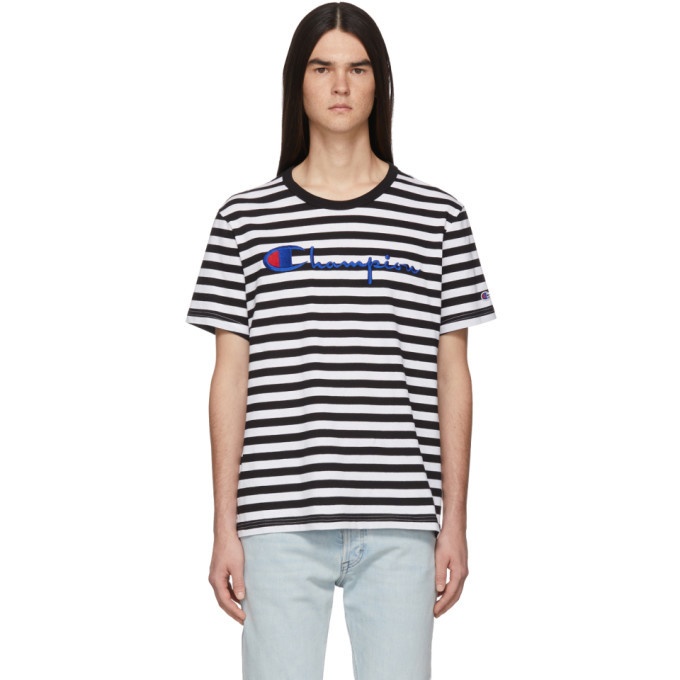 Photo: Champion Reverse Weave Black and White Striped Script Logo T-Shirt