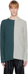 MM6 Maison Margiela Green & Off-White Half-Ribbed Long Sleeve T-Shirt