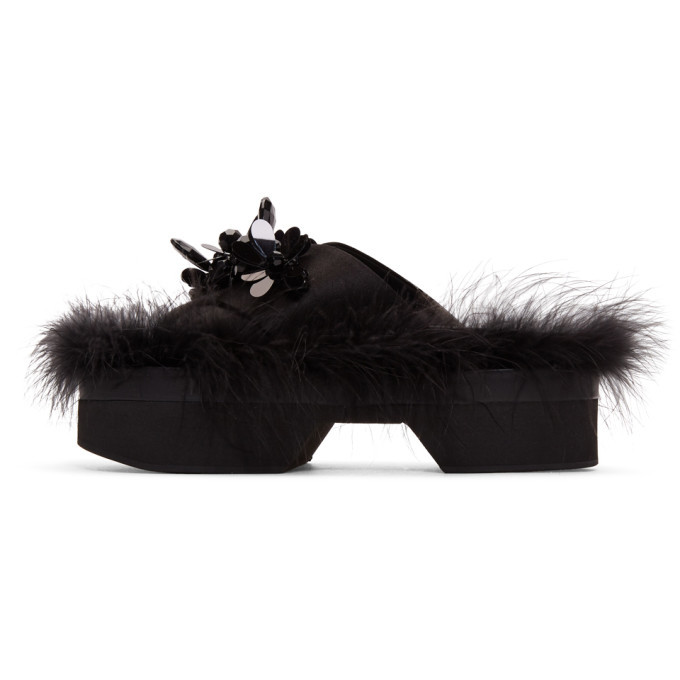 Simone Rocha Black Satin Feather Slides Simone Rocha