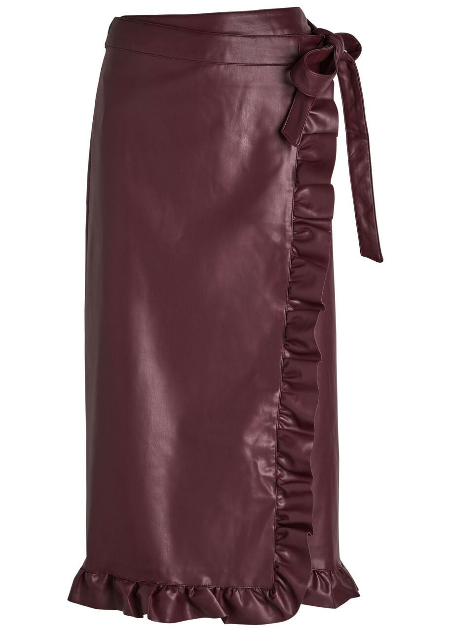 Never Fully Dressed Jaspre Ruffled Faux Leather Midi Wrap Skirt Red