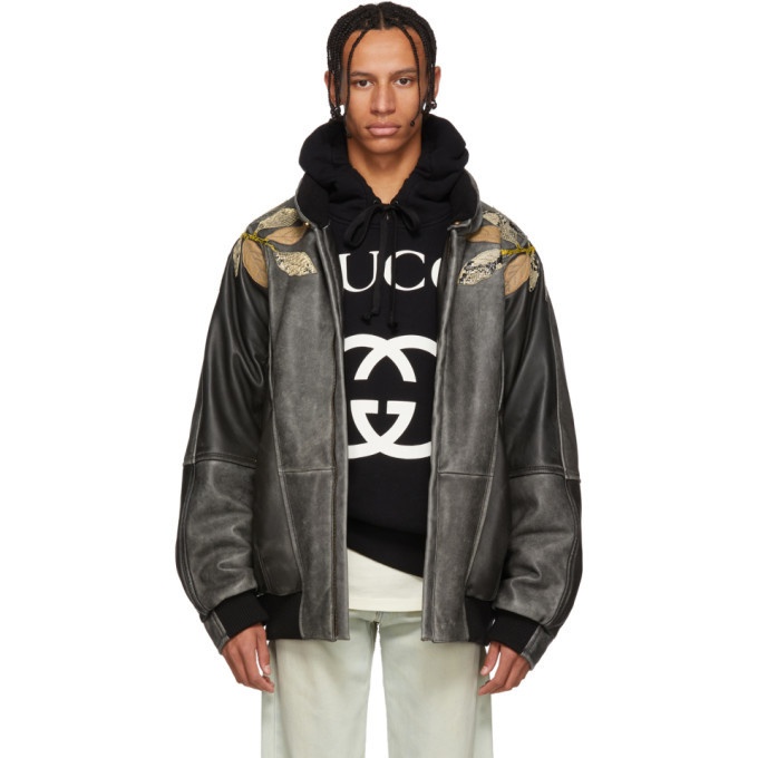 Photo: Gucci Black Leather Applique Bomber Jacket