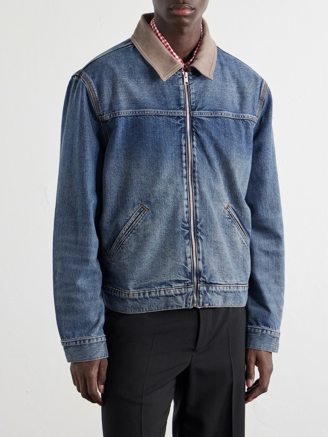 FRAME - Corduroy Trimmed Cotton and Lyocell-blend Denim Jacket - Blue