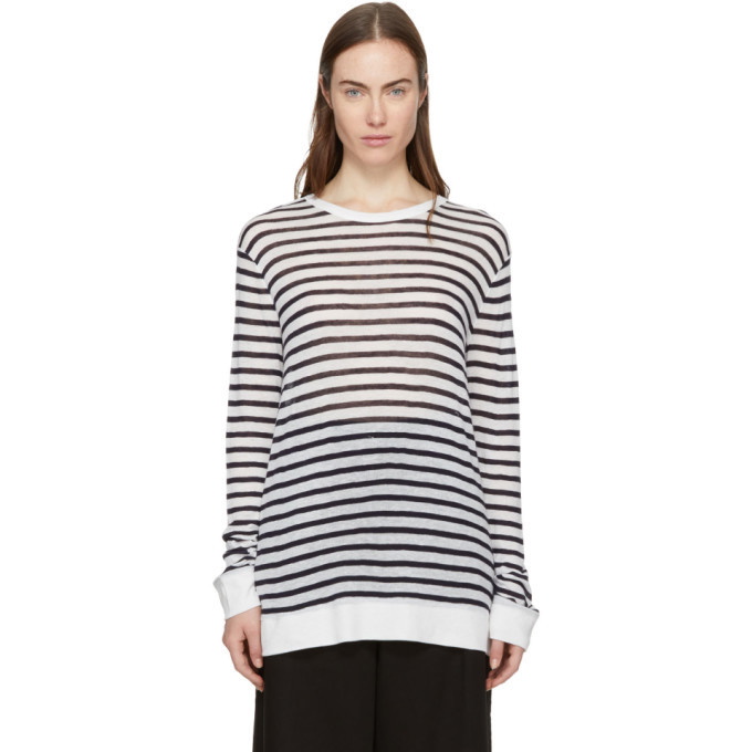 T by Alexander Wang Ivory Navy Striped Long Sleeve Cropped T-Shirt T Alexander Wang