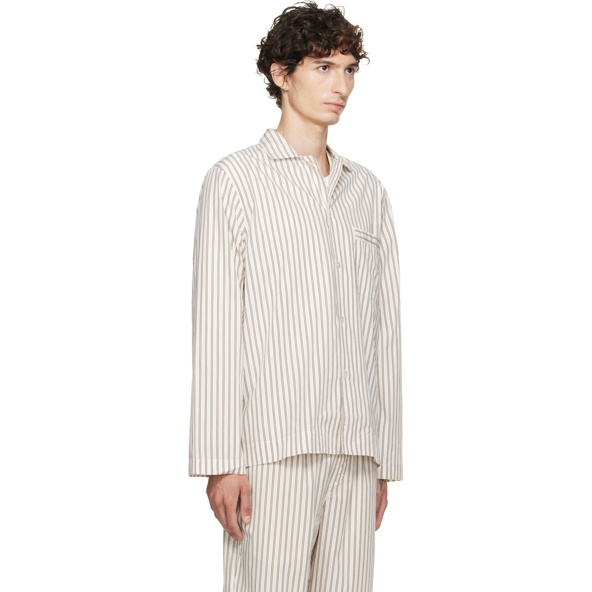 Tekla Off-White & Brown Poplin Long-Sleeved Pyjama Shirt