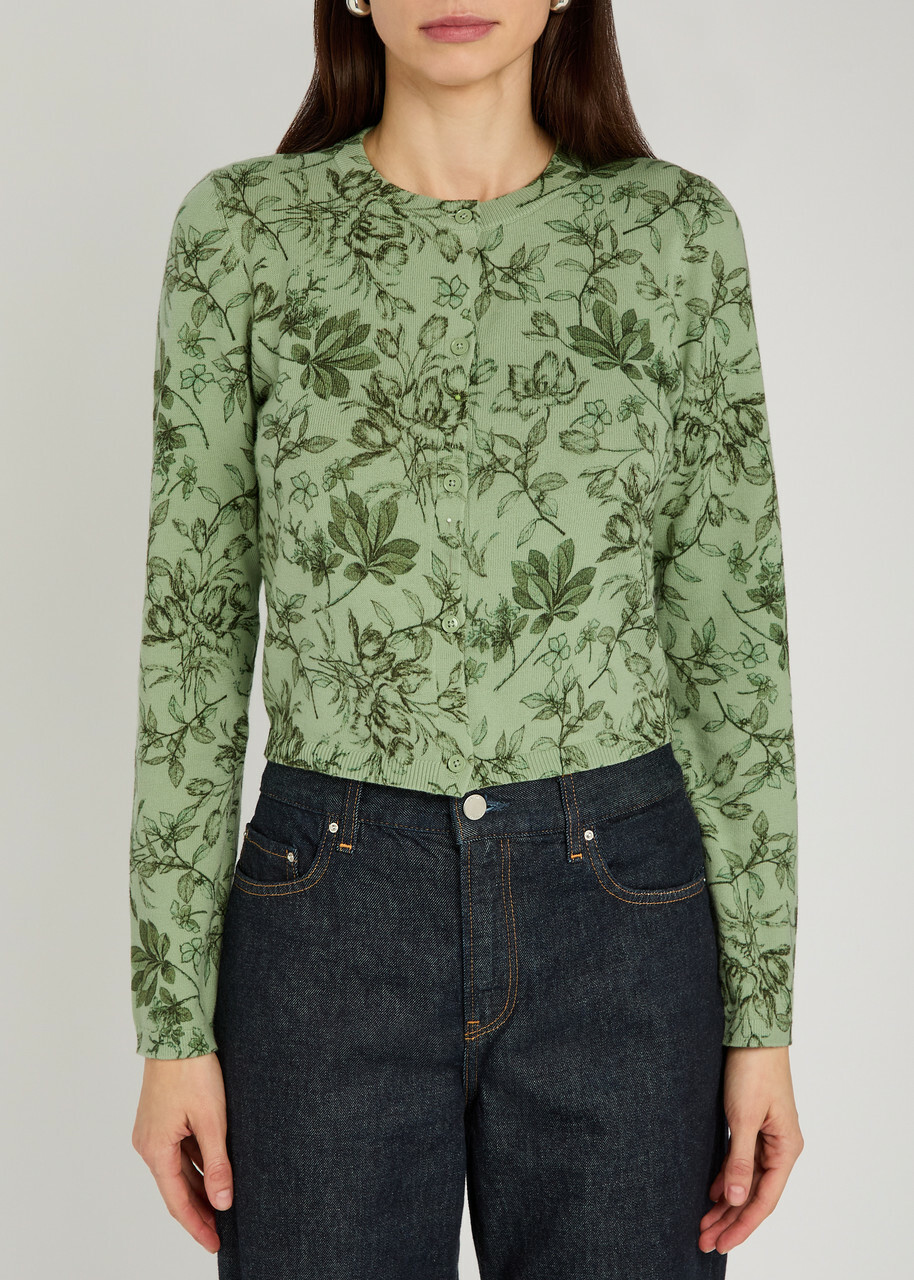 Alice + Olivia Carson Floral Cropped Cotton-blend Cardigan Green