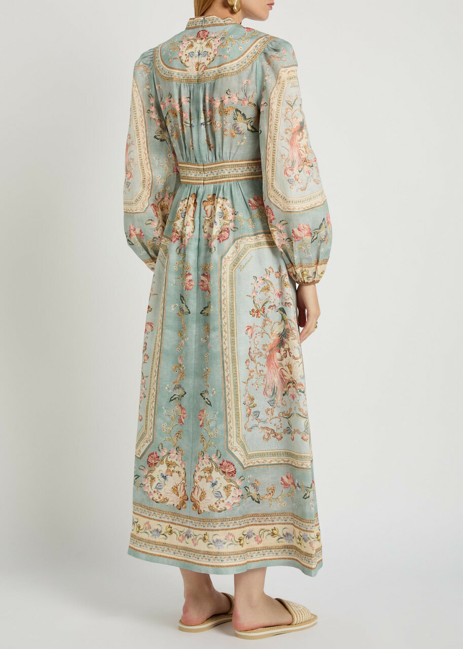 Zimmermann Roselight Printed Plunge Linen Midi Dress Blue
