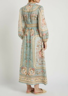 Zimmermann Roselight Printed Plunge Linen Midi Dress Blue
