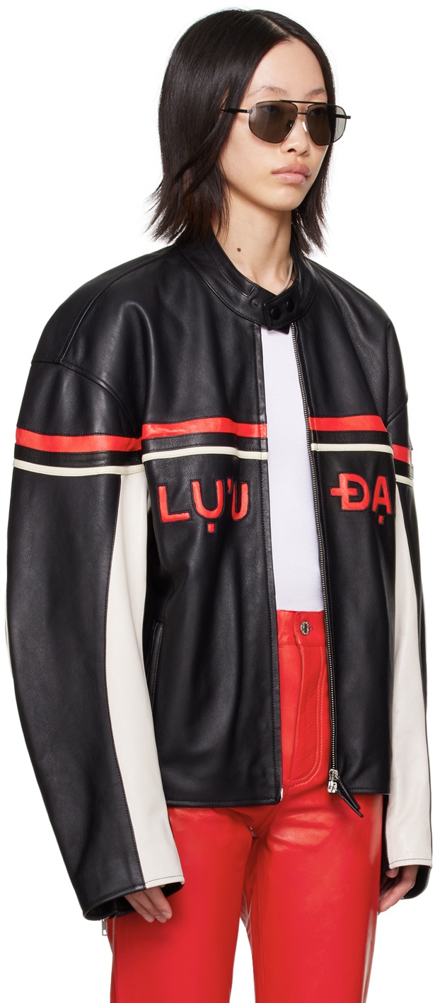 LU'U DAN Red & Black Paneled Leather Jacket