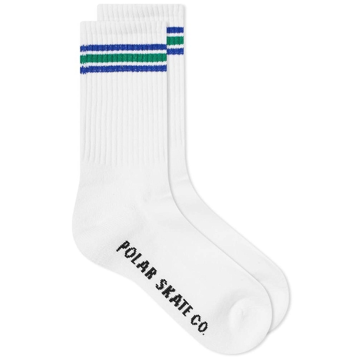 Photo: Polar Skate Co. Men's Stripe Sock in White/Blue/Green