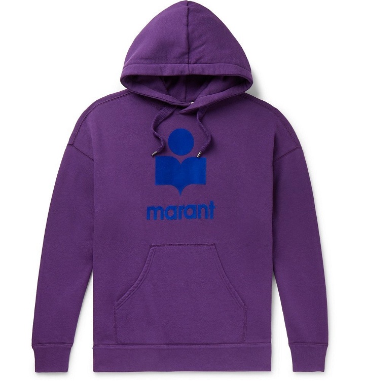 Photo: Isabel Marant - Miley Logo-Flocked Fleece-Back Cotton-Blend Jersey Hoodie - Purple