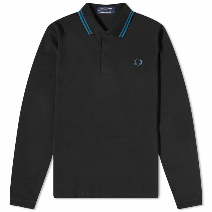 Photo: Fred Perry Men's Long Sleeve Twin Tipped Polo Shirt - Made in England in Black/Petrol