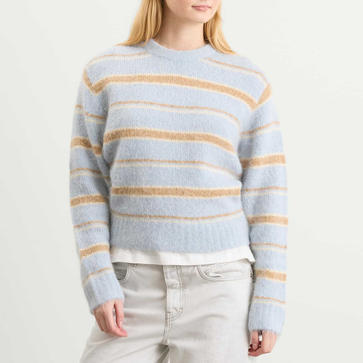 DUNST Women's Fuzzy Knit Jumper in Soft Blue/Brown