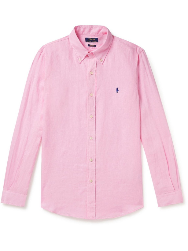 Photo: Polo Ralph Lauren - Button-Down Collar Logo-Embroidered Linen Shirt - Pink