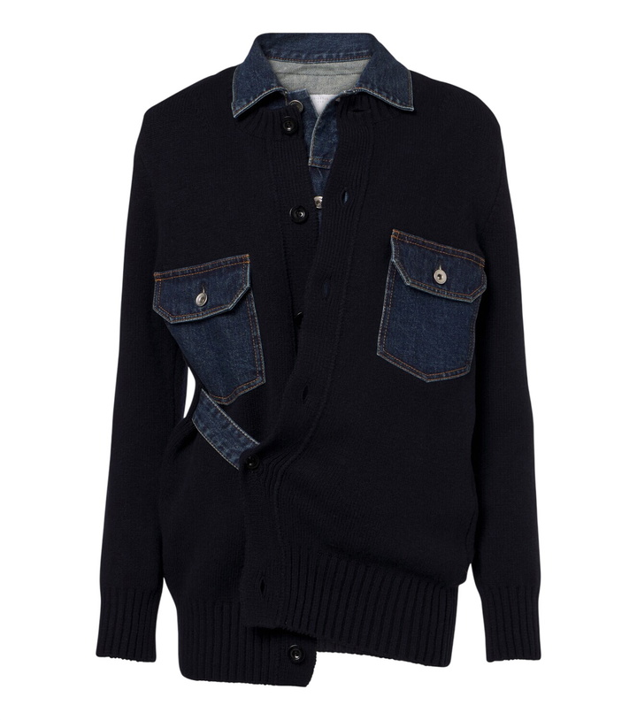 Photo: Sacai Layered wool-blend and denim cardigan
