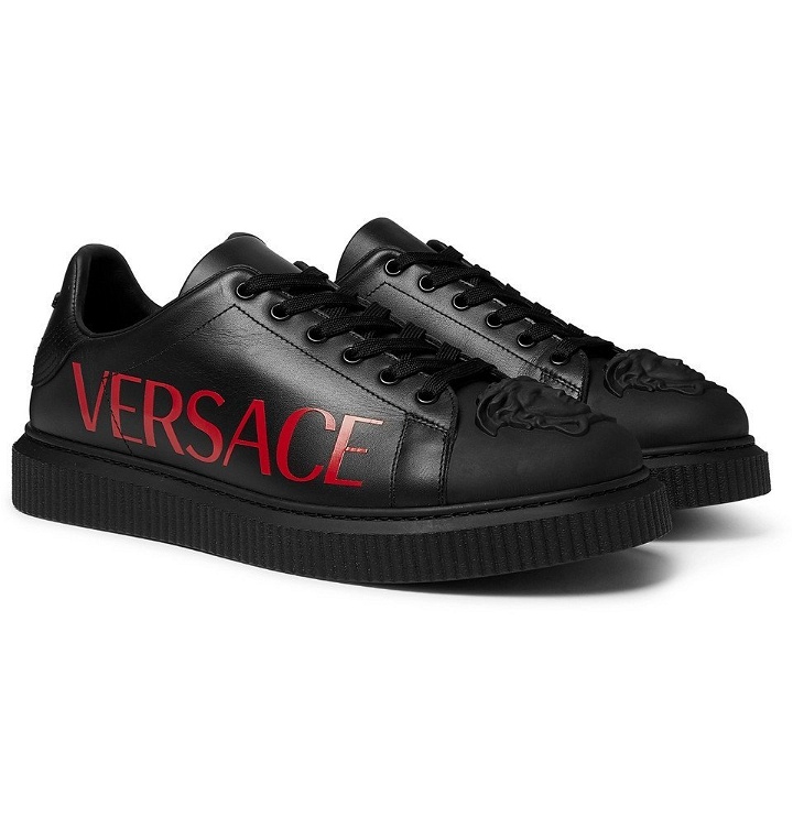 Photo: Versace - Logo-Print Rubber-Trimmed Leather Sneakers - Black
