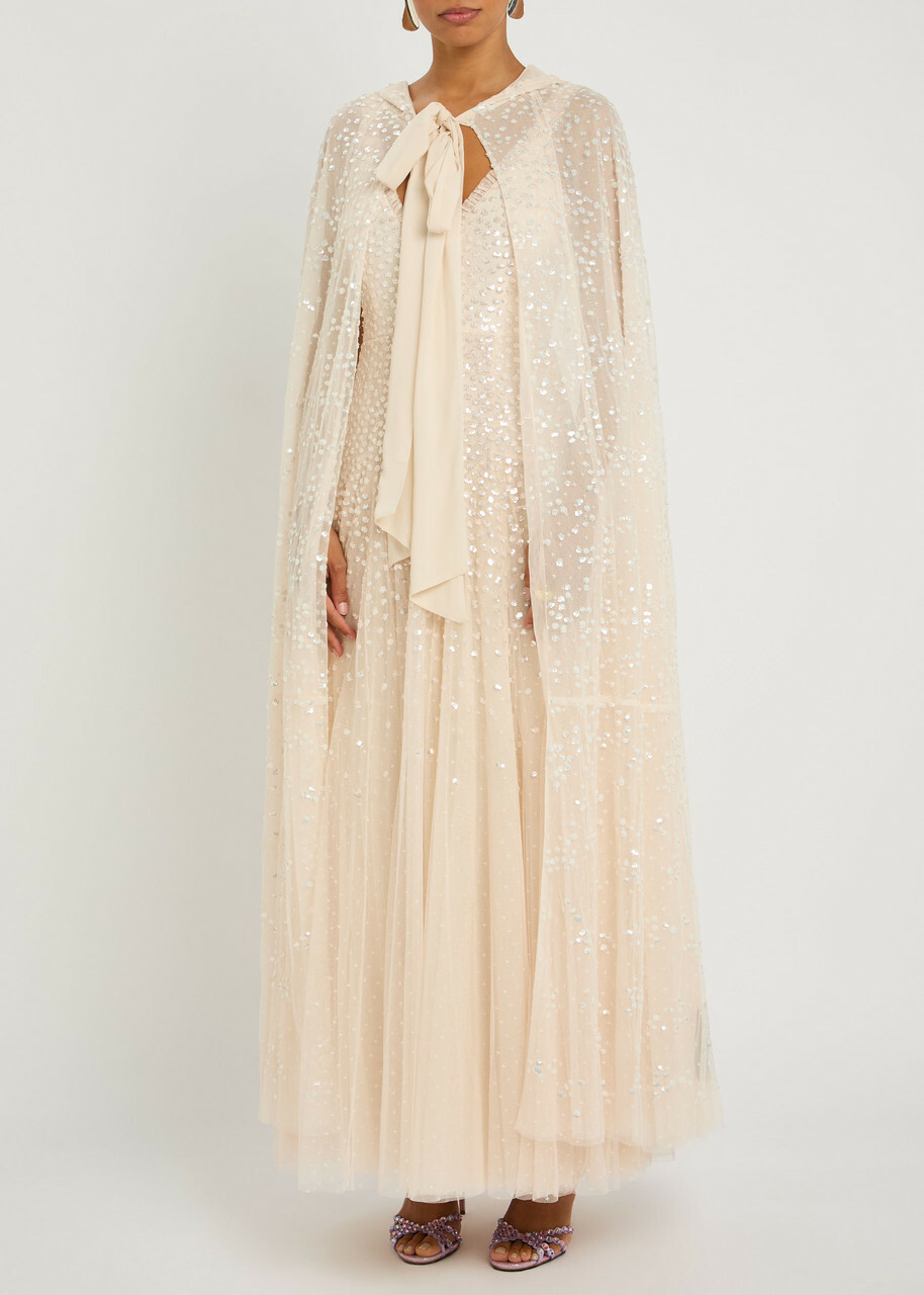 Needle & Thread Dappled Hooded Tulle Cape Cream