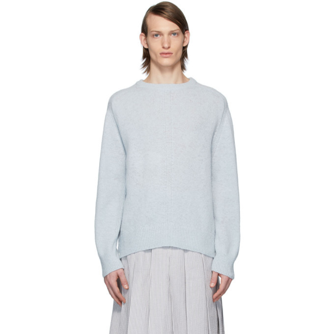 Photo: Thom Browne Blue Jersey Stitch Center-Back Stripe Sweater