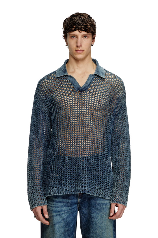 Photo: Diesel Open-knit polo jumper in denim yarn - Knitwear Mens in Blue