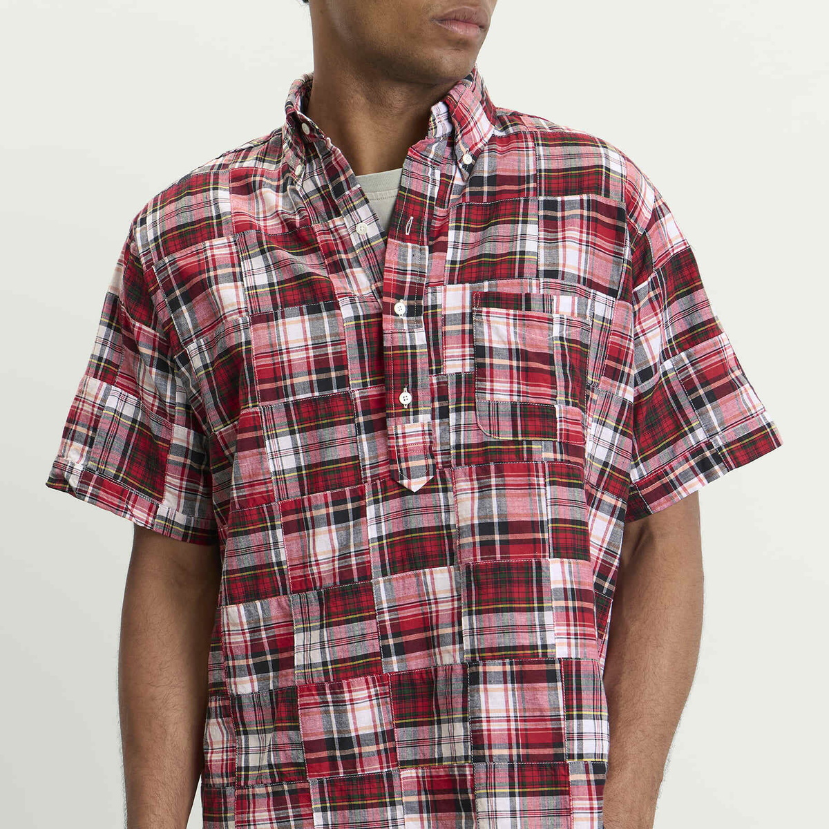 Beams Plus Men's Pullover Patchwork Masras Shirt in Red Patchwork