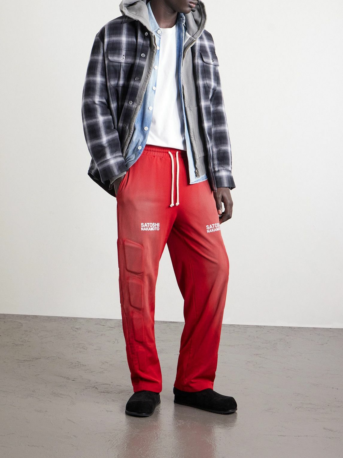 Satoshi Nakamoto - Straight-Leg Padded Printed Mesh Sweatpants - Red