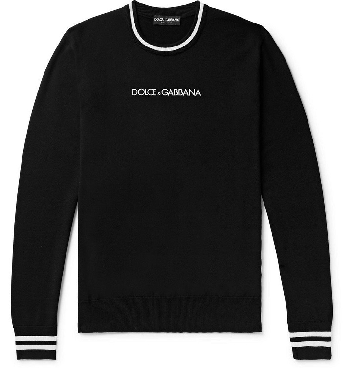 Photo: Dolce & Gabbana - Slim-Fit Contrast-Tipped Logo-Embroidered Virgin Wool Sweater - Black