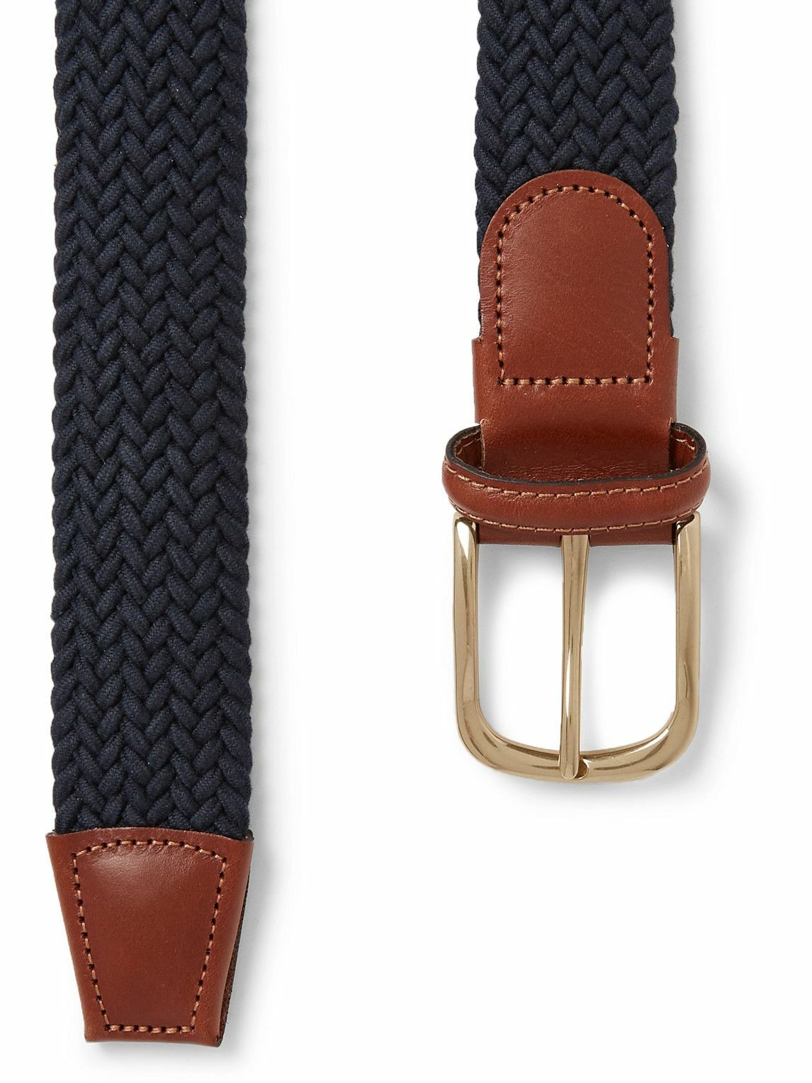 Anderson & Sheppard - 3.5cm Leather-Trimmed Woven Elastic Belt - Blue