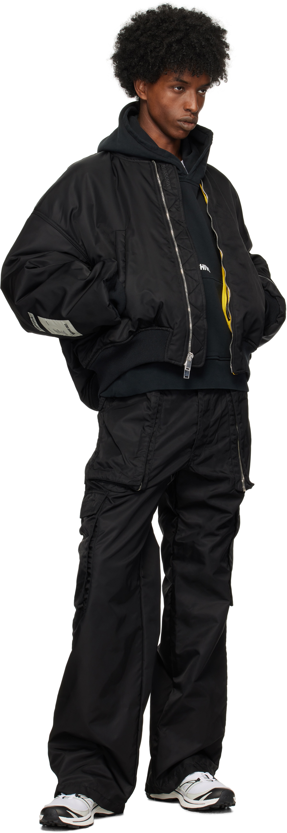 【OPEN YY】PAPER LIKE CROP BOMBER, BLACK OPEN YY: Black Paper Like Crop Bomber Jacket | SSENSE