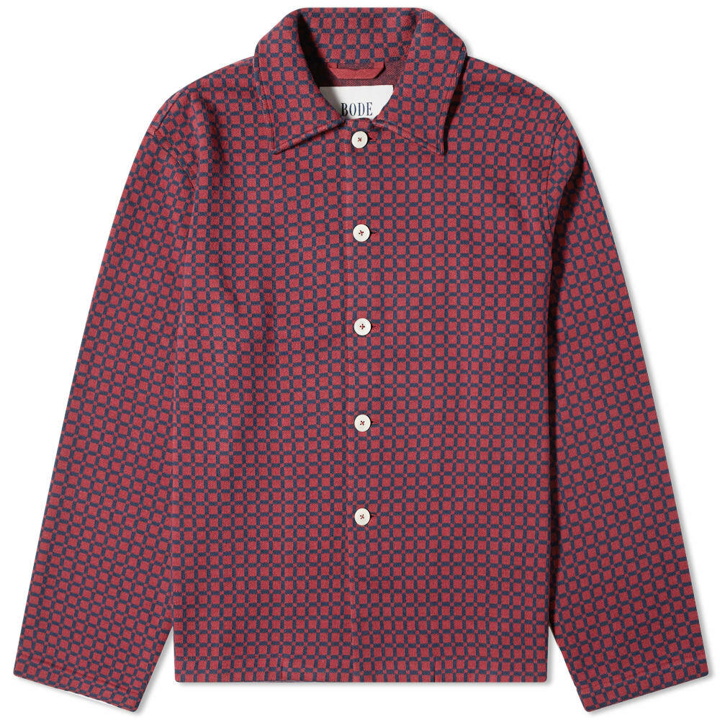 Photo: Bode Men's Knitted Check Overshirt in Navy Maroon