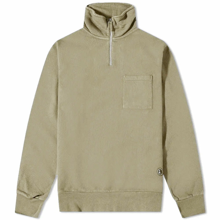 Photo: Universal Works Men's Half Zip Sweat in Light Olive