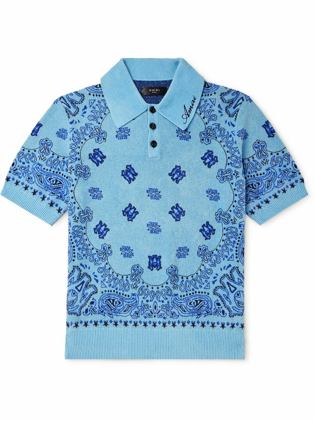 Photo: AMIRI - Logo-Embroidered Paisley-Jacquard Fleece Polo Shirt - Blue