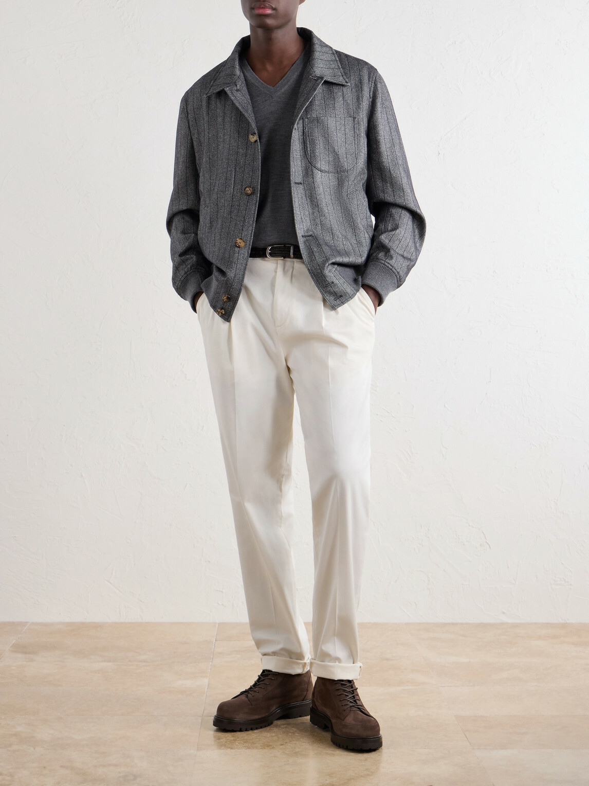 Brunello Cucinelli - Pinstriped Herringbone Cashmere and Silk-Blend Woven Blouson Jacket - Gray