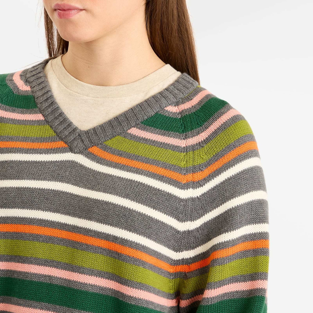 DONNI. Women's Cotton Cashmere Stripe V-Neck Jumper in Charcoal Grey