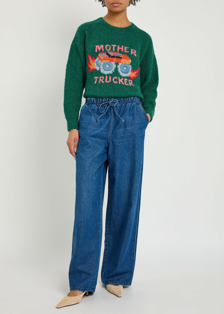Mother The Jumper Embroidered Brushed Bouclé Jumper Navy