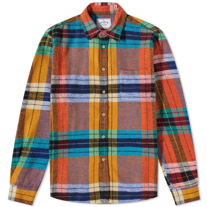 Photo: Portuguese Flannel Men's Mitt Blanket Check Overshirt in Orange Multi