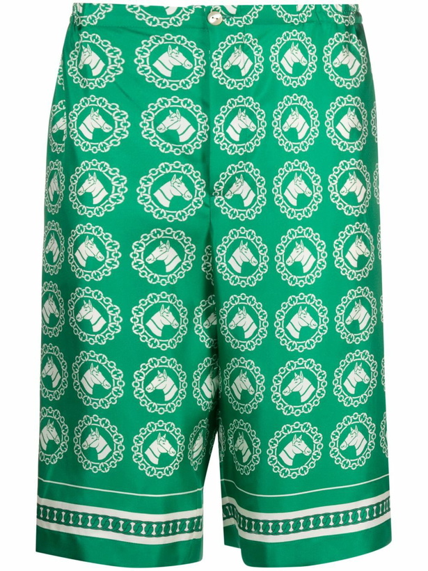 Photo: Gucci Green Horse Motif Silk Shorts