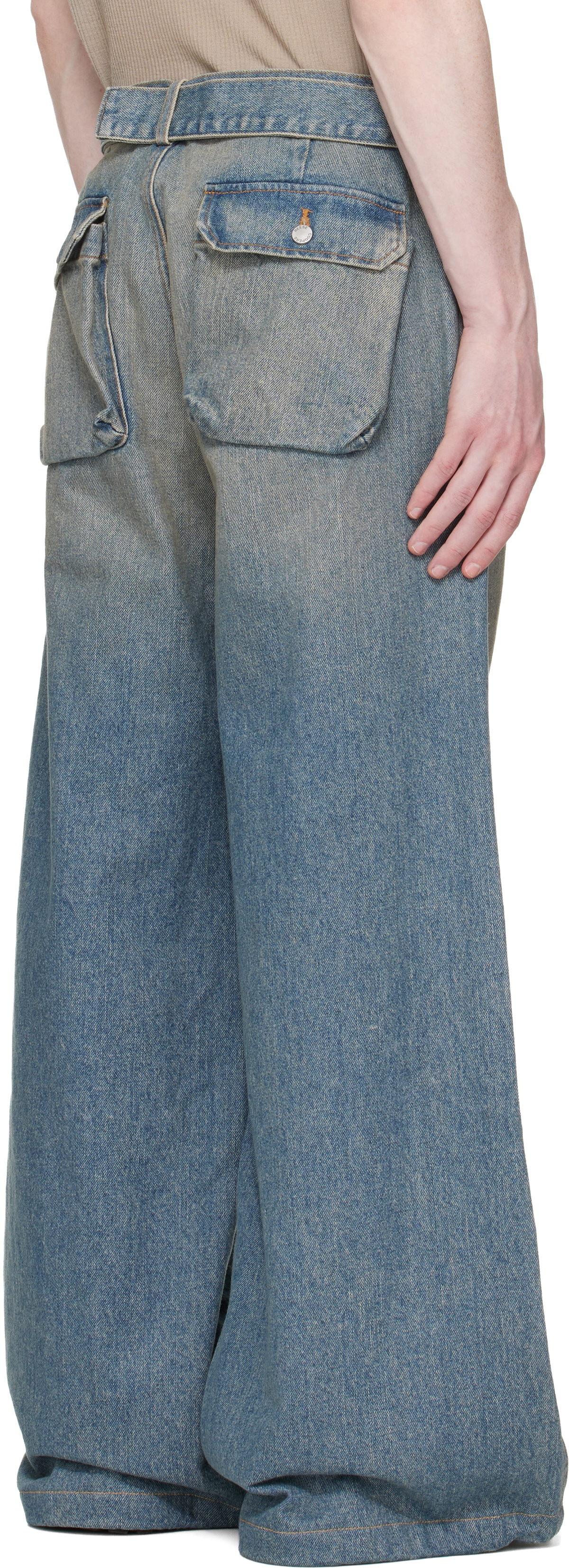 Reese Cooper Blue Washed Denim Patch Pocket Belted Cargo Jeans