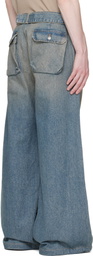 Reese Cooper Blue Washed Denim Patch Pocket Belted Cargo Jeans