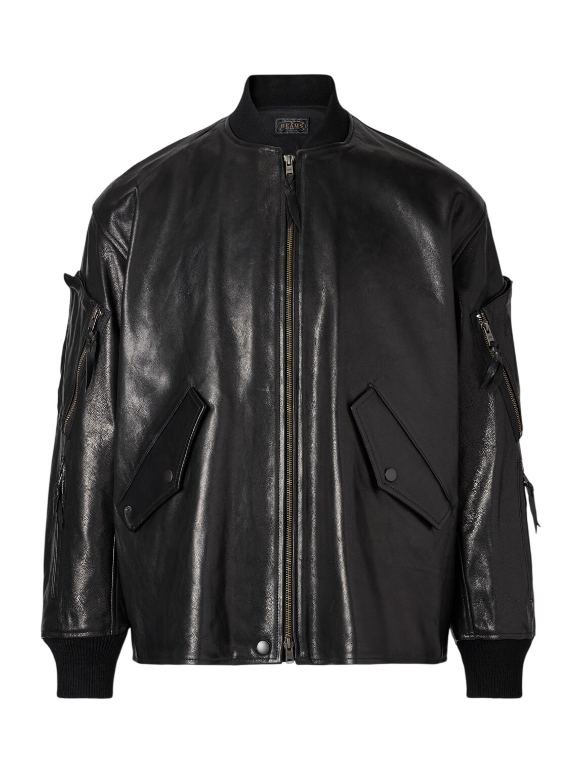 BEAMS PLUS Black Military Leather Bomber Jacket Beams Plus