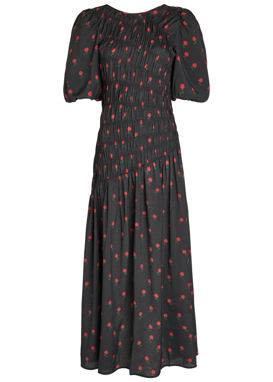 Never Fully Dressed Nara Rose-print Shirred Woven Midi Dress Black