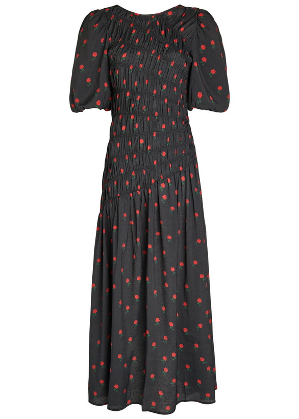 Photo: Never Fully Dressed Nara Rose-print Shirred Woven Midi Dress Black