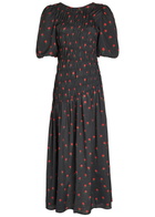Never Fully Dressed Nara Rose-print Shirred Woven Midi Dress Black