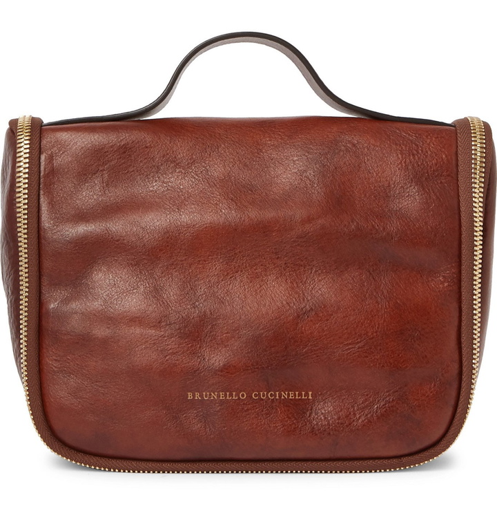 Photo: Brunello Cucinelli - Burnished Full-Grain Leather Wash Bag - Brown